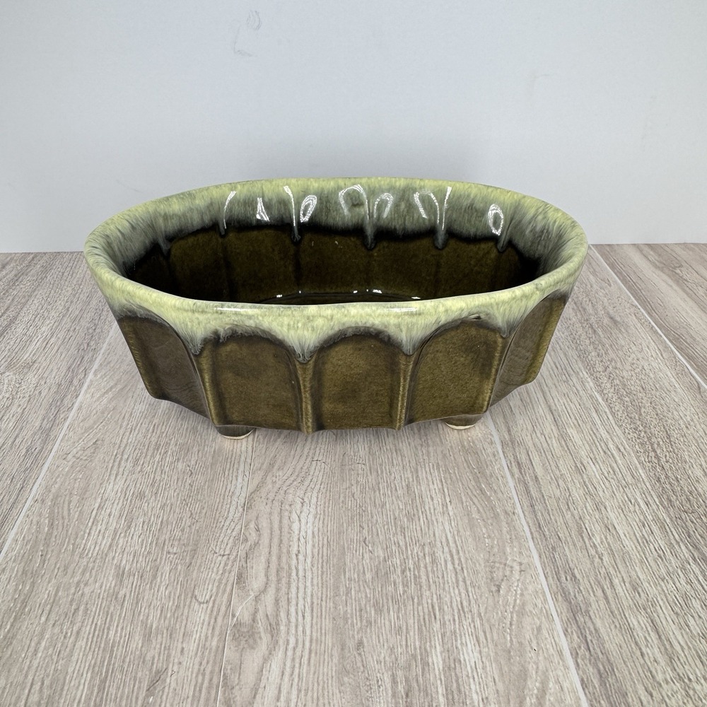 Vintage Hull Pottery F9 Oval Planter Green Brown‎ Drip Glaze Footed MCM